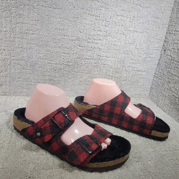Birkenstock Arizona Shearling Mens Size EU 43 US 10 Rivet Plaid Red Slide Sandal - Picture 4 of 12